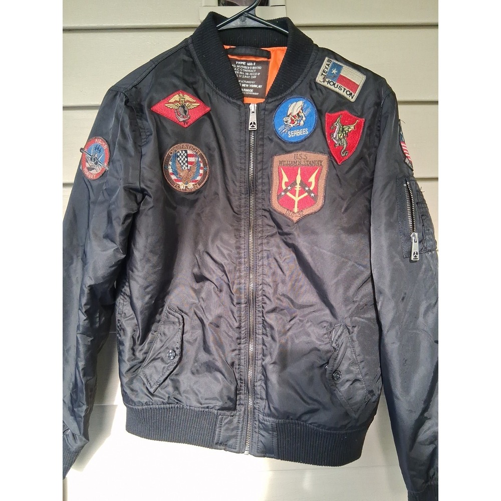 Top Gun Men's Zip Bomber Jacket S/M With Multiple Service Patches